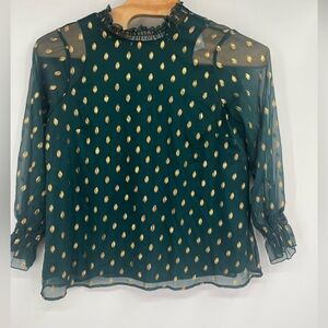 NWT Lane Bryant Blouse Size 14 Sleeve Chiffon Hunter Green And Gold Metallic Dot